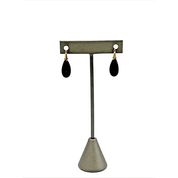 Vintage 14k Yellow Gold Pearl Onyx Dangle Pierced Earrings 1 3/8" - Picture 2 of 8